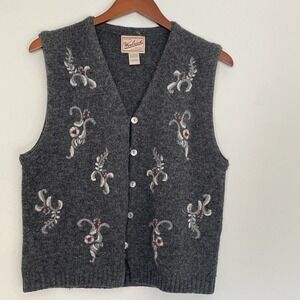 VTG Woolrich Sweater Vest Womens M Charcoal Wool Knit Button Embroider Grannycor